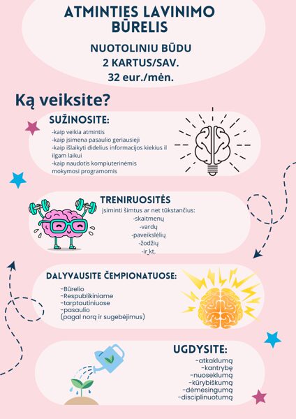 "Atminties lavinimo būrelis" NUOTOLINIU BŪDU pirmadieniais ir trečiadieniais 15:00-15:50. Nuo spalio 2 d. Kaina - 32 eur./mėnesiui. Užsiėmimai vyksta 2 kartus per savaitę.